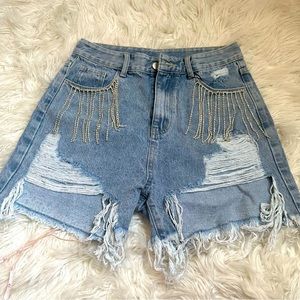 Diamond Tassels Ripped Denim Shorts